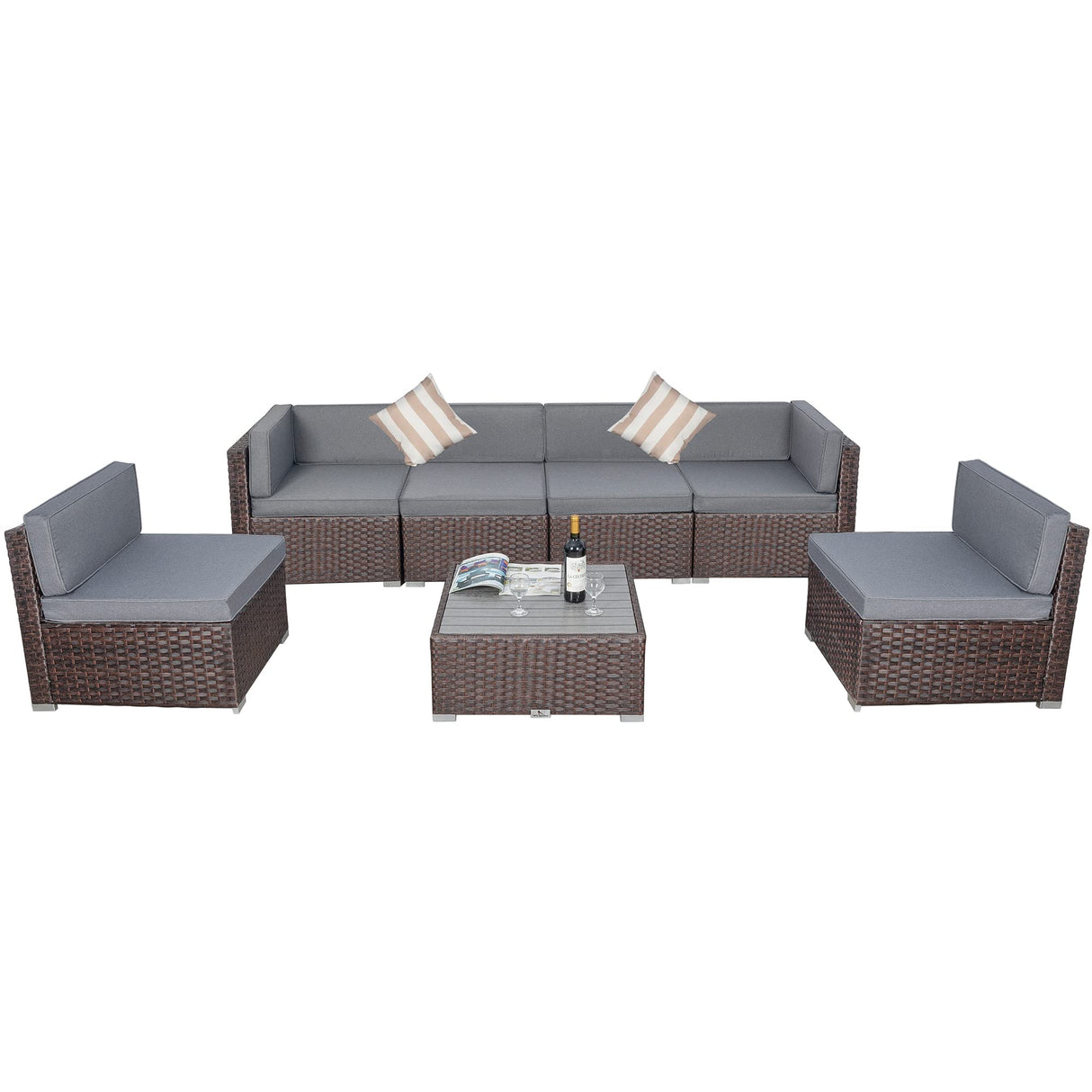 Welpatio Outdoor Patio Furniture Sets, 7 Pieces PE Rattan Wicker Outdoor Sectional Sofa Patio Conversation Set with Cushions and Coffee Table, Dark Brown/Gray Welpatio