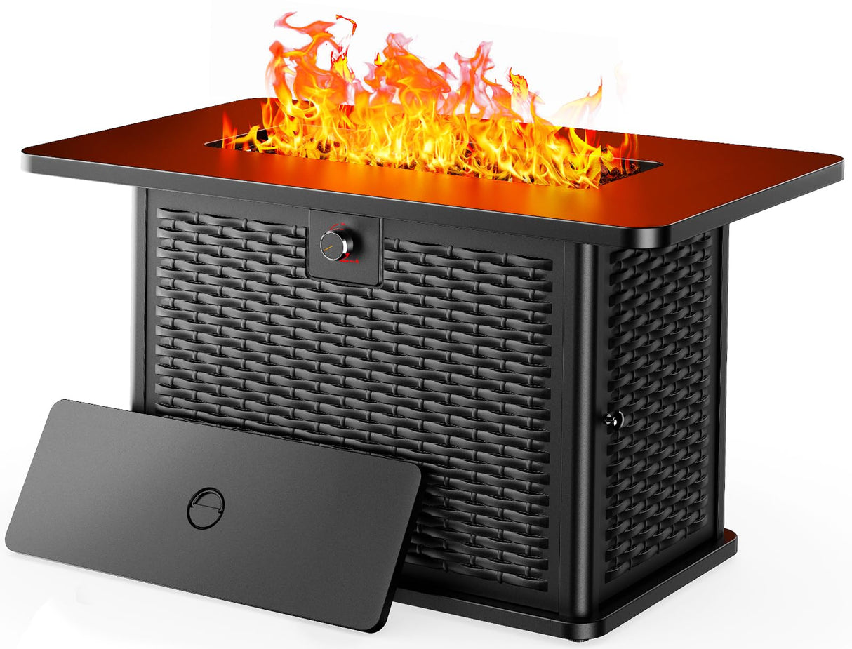 AMADA HOMEFURNISHING 43 Inch Propane Fire Pit Table, 60,000 BTU Gas Fire Pit with Lava Rocks, Waterproof Cover, Removable Lid, Cup Holders, 2-in-1 Fire Table for Patio, Backyard, Garden, Black AMADA HOMEFURNISHING