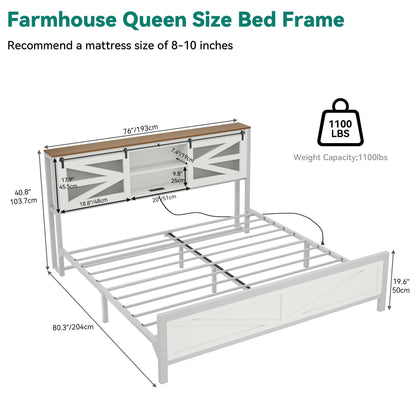 YITAHOME Farmhouse King Size Bed Frame with Headboard, Bookcase Storage Shelves, Sliding Grid Barn Door, Charging Station, Rustic Wood Platform Bed, No Box Spring Needed, White