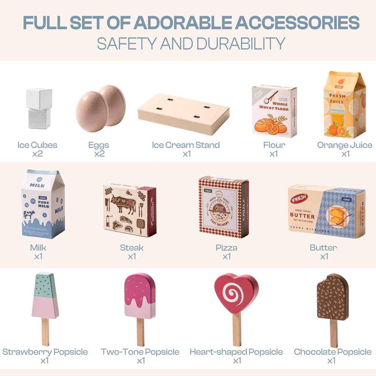 ROBUD Fridge Refrigerator with Ice Dispenser, Wooden Play Fridge Freezer Set for Kids, Toddler Kitchen Playset with Full Accessories Pretend Play Set, Gift for Boys & Girls, Age 3+ ROBUD