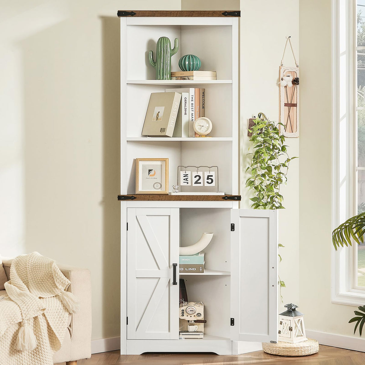 TEENFON Farmhouse Corner Cabinet, 70" H Tall Corner Hutch with 5 Shelves & 2 Barn Doors, Bathroom Cabinet with Adjustable Shelf, for Living Room, Kitchen, Bathroom, White TEENFON