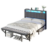 LUXOAK Full Bed Frame with LED Light and Charging Station, Velvet Upholstered Headboard with Storage Shelf, Heavy Duty Metal Slats/No Box Spring Needed/Easy Assembly, Grey LUXOAK