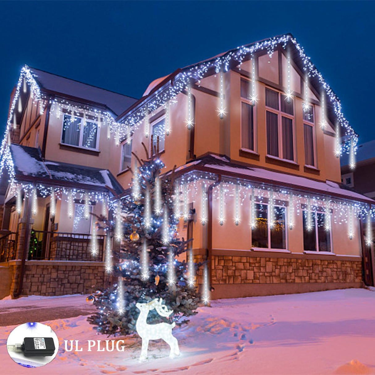 Weepong Christmas Lights Outdoor UL Certified Meteor Shower Lights 12Inch 8Tubes 192LED Falling Rain Drop Lights Icicle Snow Cascading Xmas Lights for Tree Wedding Party Garden Decoration,White Weepong