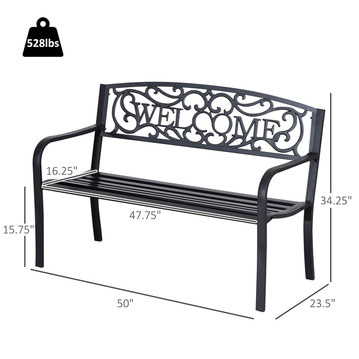 Outsunny 50" Outdoor Metal Welcome Bench, Garden Bench with Slatted Seat, Patio Bench for Park, Porch, Yard, Entryway, Black Outsunny