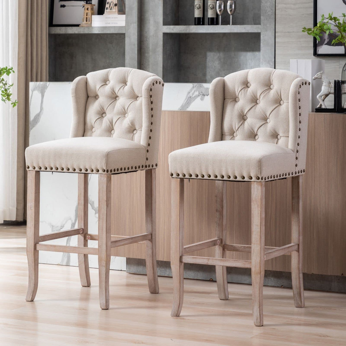LukeAlon Classic 30" Linen Bar Stools Set of 4, Button Tufted Wingback Tall Bar Chairs with Wooden Legs Farmhouse High Kitchen Stool with Nailhead Trim for Home Breakfast Bar, Beige LukeAlon