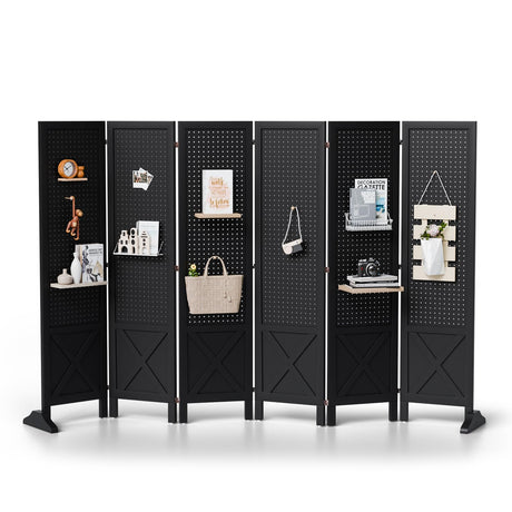 VINGLI Freestanding Pegboard with Support Feet, 5 FT Wood Room Divider Display Board Organizer, Folding Privacy Screen Partition Space Separator for Craft Shows Events Retail (Black, 6 Panel) VINGLI