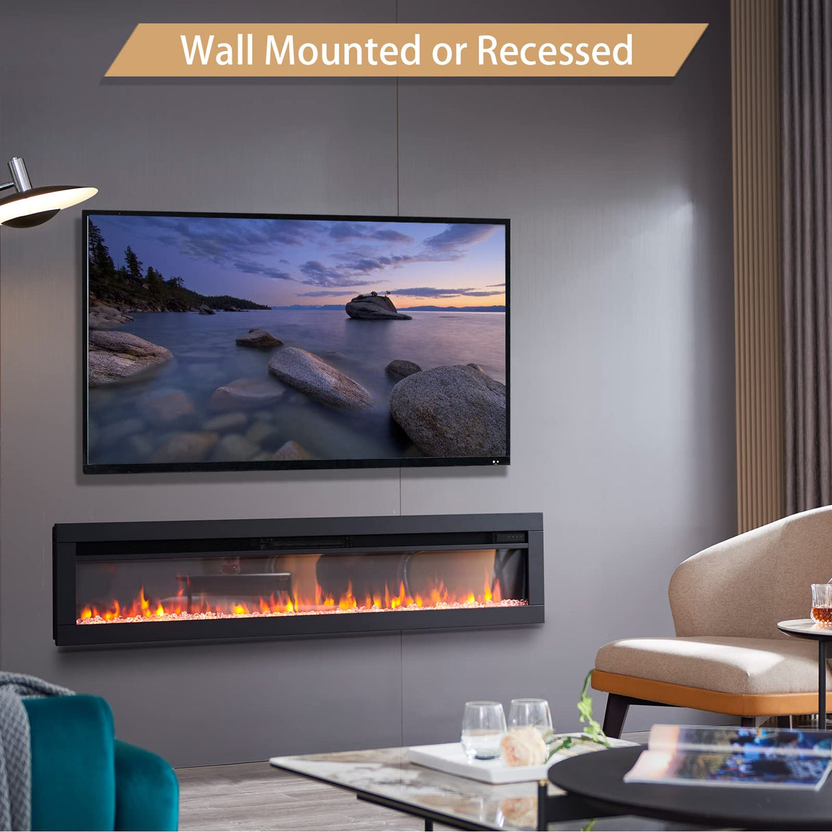 Efiretric® Arthur 60" W 3 in 1 Electric Fireplace (EF459), Freestanding, Wall Mounted, Recessed, 9 Colors Flame Effect, TV Media Wall, Heater 750W/1500W, Remote Control EFIRETRIC