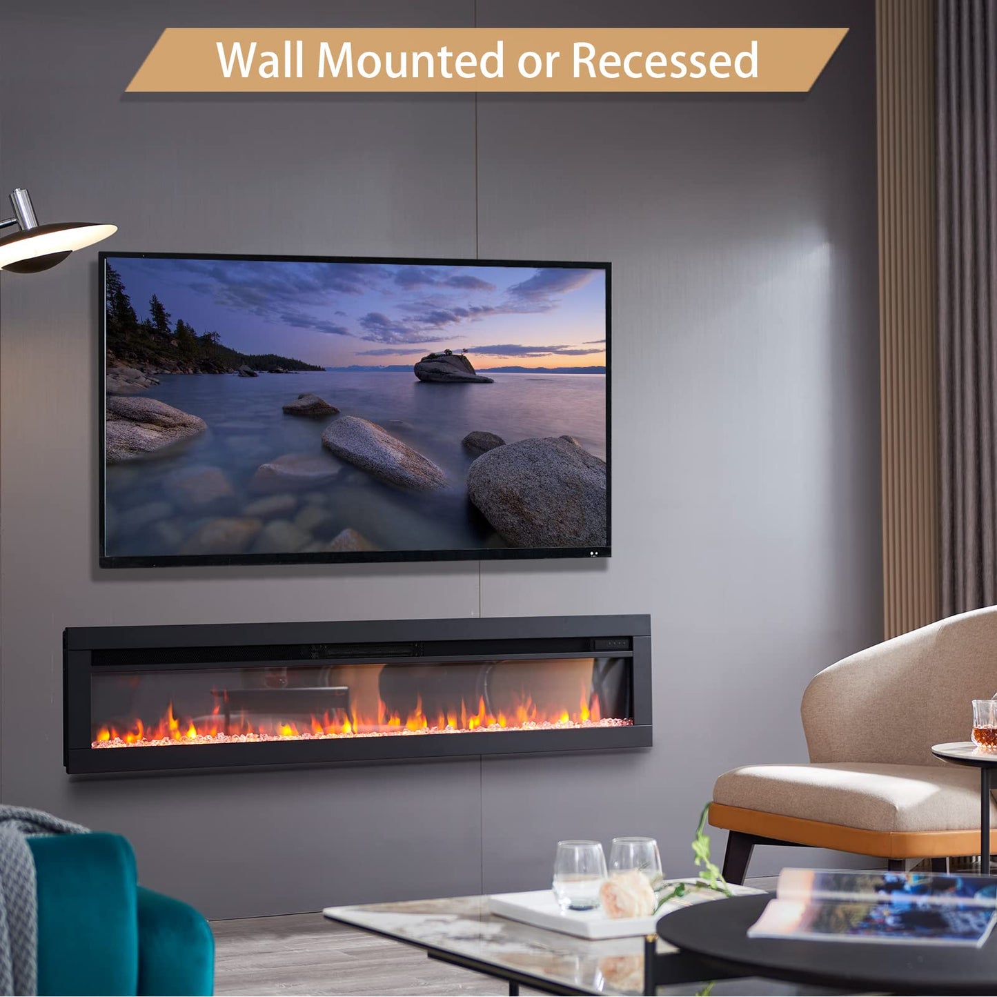 Efiretric® Arthur 60" W 3 in 1 Electric Fireplace (EF459), Freestanding, Wall Mounted, Recessed, 9 Colors Flame Effect, TV Media Wall, Heater 750W/1500W, Remote Control