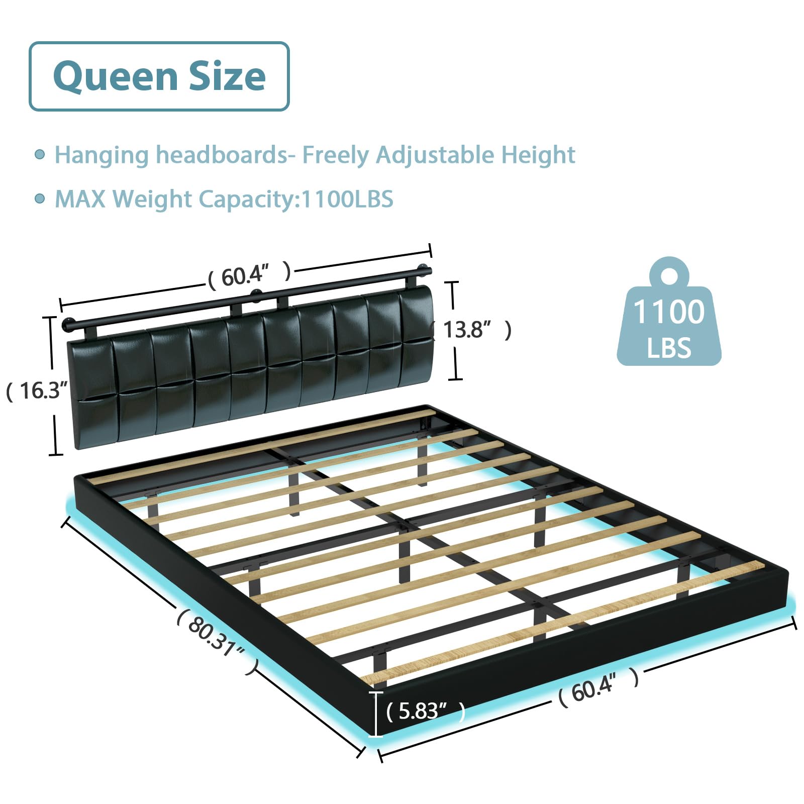 DYHOME Floating Queen Bed Frame with USB Charging Station & LED Lights - WoodArtSupply