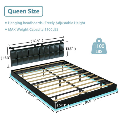 DYHOME Floating Queen Bed Frame with USB Charging Station & LED Lights - WoodArtSupply