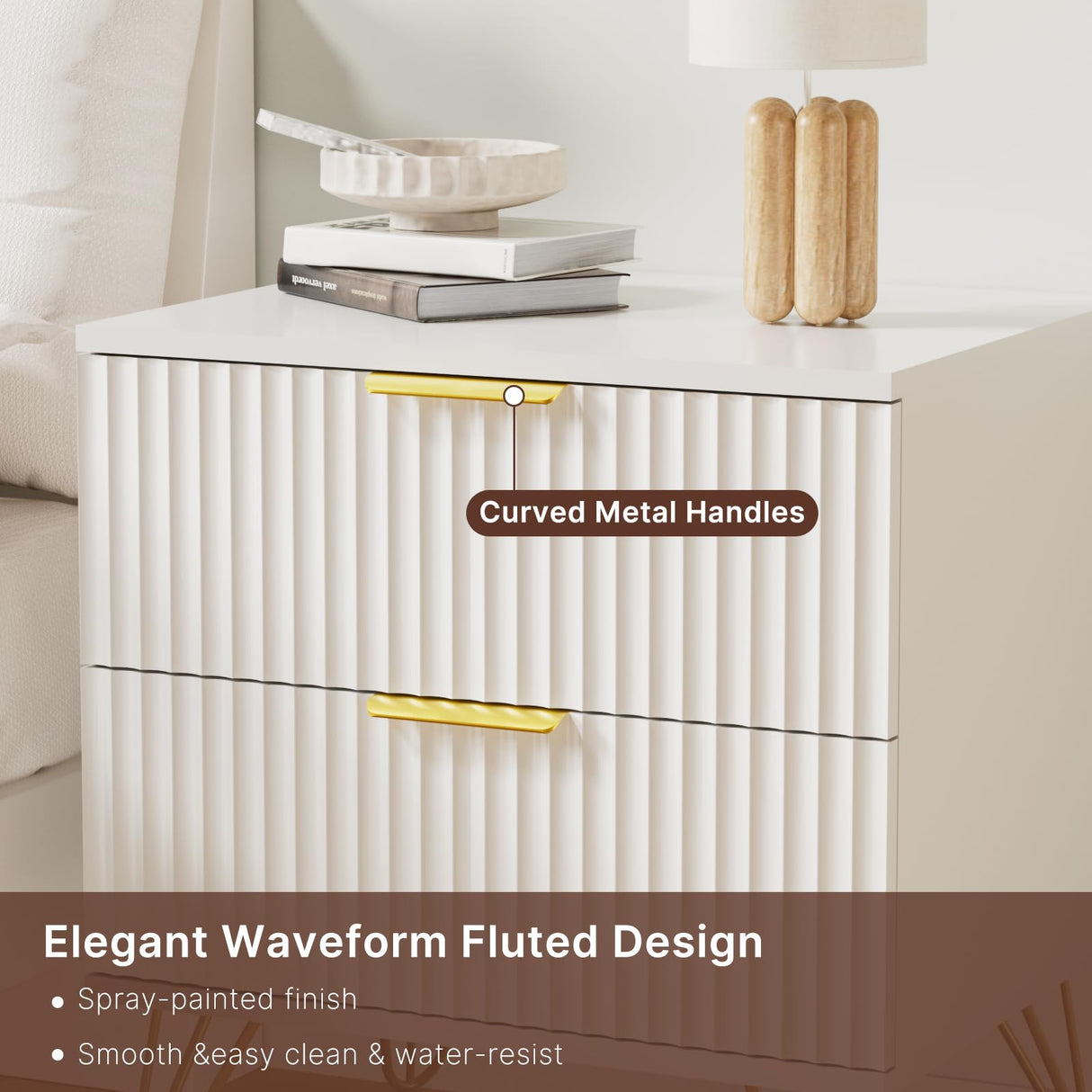 NOVAMAISON White Nightstand Set of 2, Modern Night Stand Bedside Table with 2 Storage Drawer, Bed Side End Table with Golden Handles and Legs for Bedroom, White NOVAMAISON