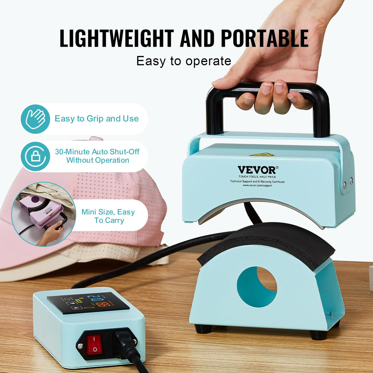 VEVOR Hat Press Machine, Mini Hat Heat Press for Caps with Integrated Control Panel, Cap Heat Press Machine with 5.9x3.15 inch Curved Heating Plate, Safety Base, and Glove, Automatic Shut-Off, Green VEVOR