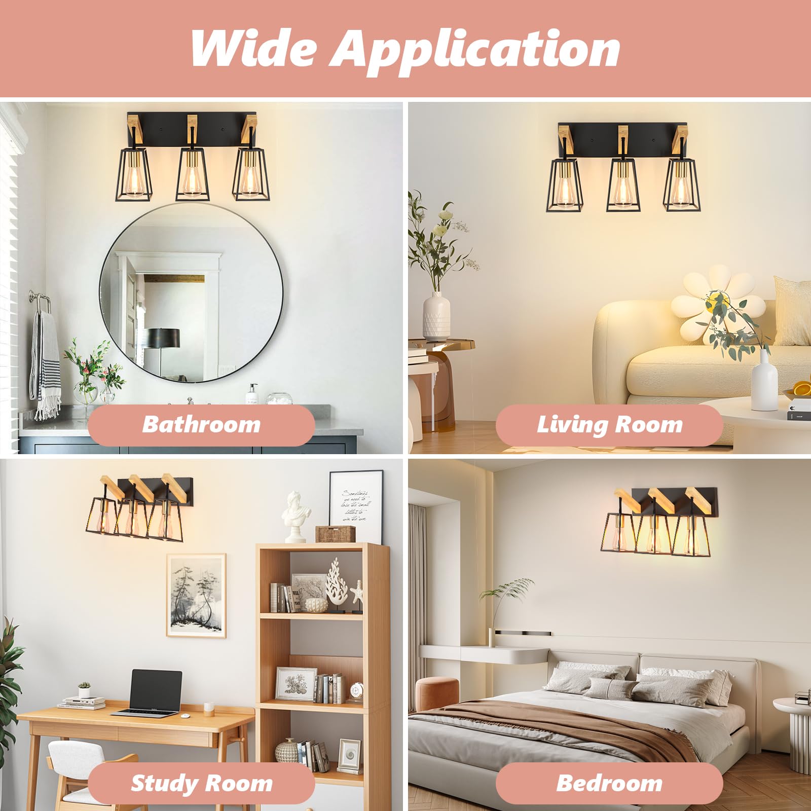 3 Light Bathroom Vanity Light - Wood Bathroom Lighting Fixtures Over Mirror Farmhouse Bathroom Vanity Light Fixtures Metal Cage Wall Sconce Black Wall Lamp for Hallway Bedroom - WoodArtSupply