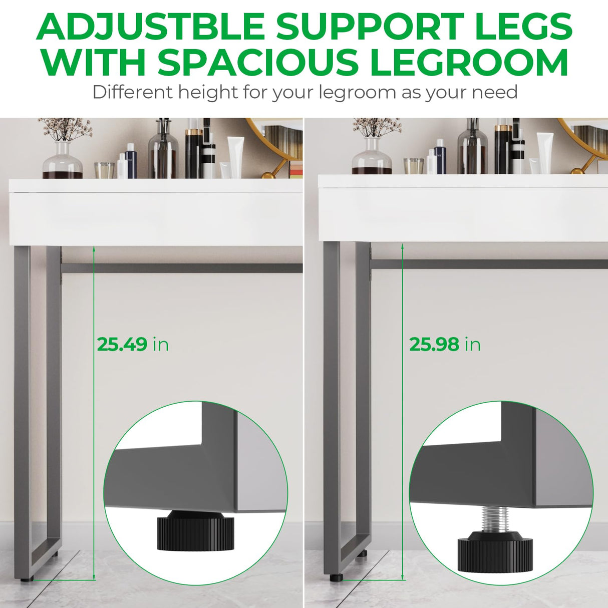 GreenForest Vanity Desk with 2 Drawers Glossy White 39 inch Modern Home Office Computer Desk Makeup Dressing Console Table with Metal Silver Legs for Small Spaces,Silver GreenForest
