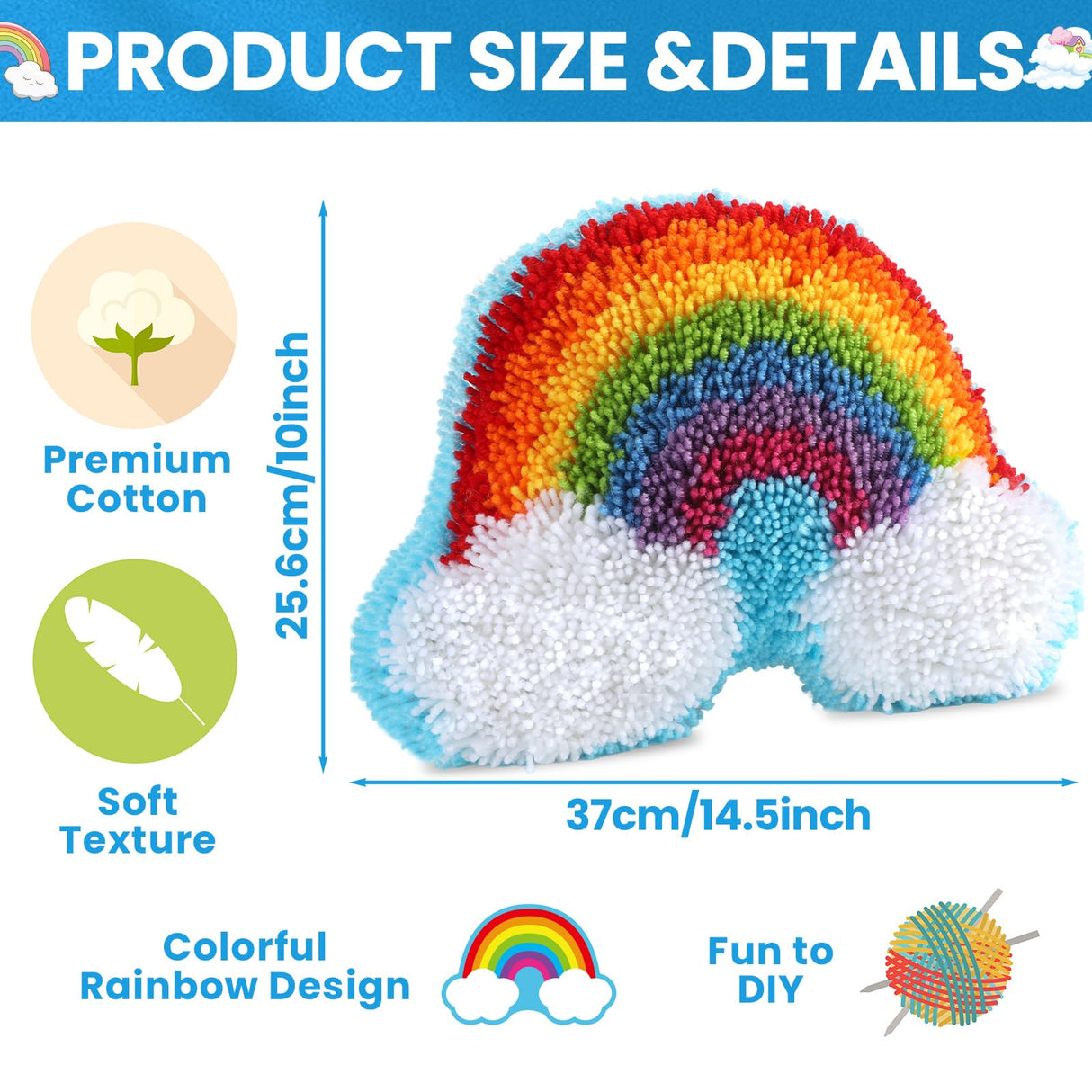 Rainbow Latch Hook Kit Rainbow Pillow DIY Craft Kit for Kids Making Your Own DIY Pillow Yarn Craft Kit for Girls Pattern Paint Cross Sewing Sofa Cushion Plush Gift for Kids Justforjoyful