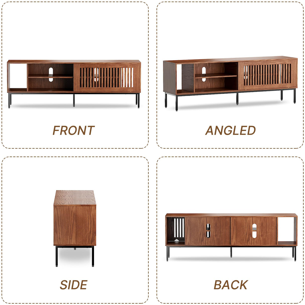 BVIUNTWO 65" Industrial Modern TV Stand, Media Cabinet, TV Console Suits TV up to 70 inch, with Cut-out Panel Sliding Door, Adjustable Storage Shelves, Sturdy Metal Legs with Leveler BVIUNTWO