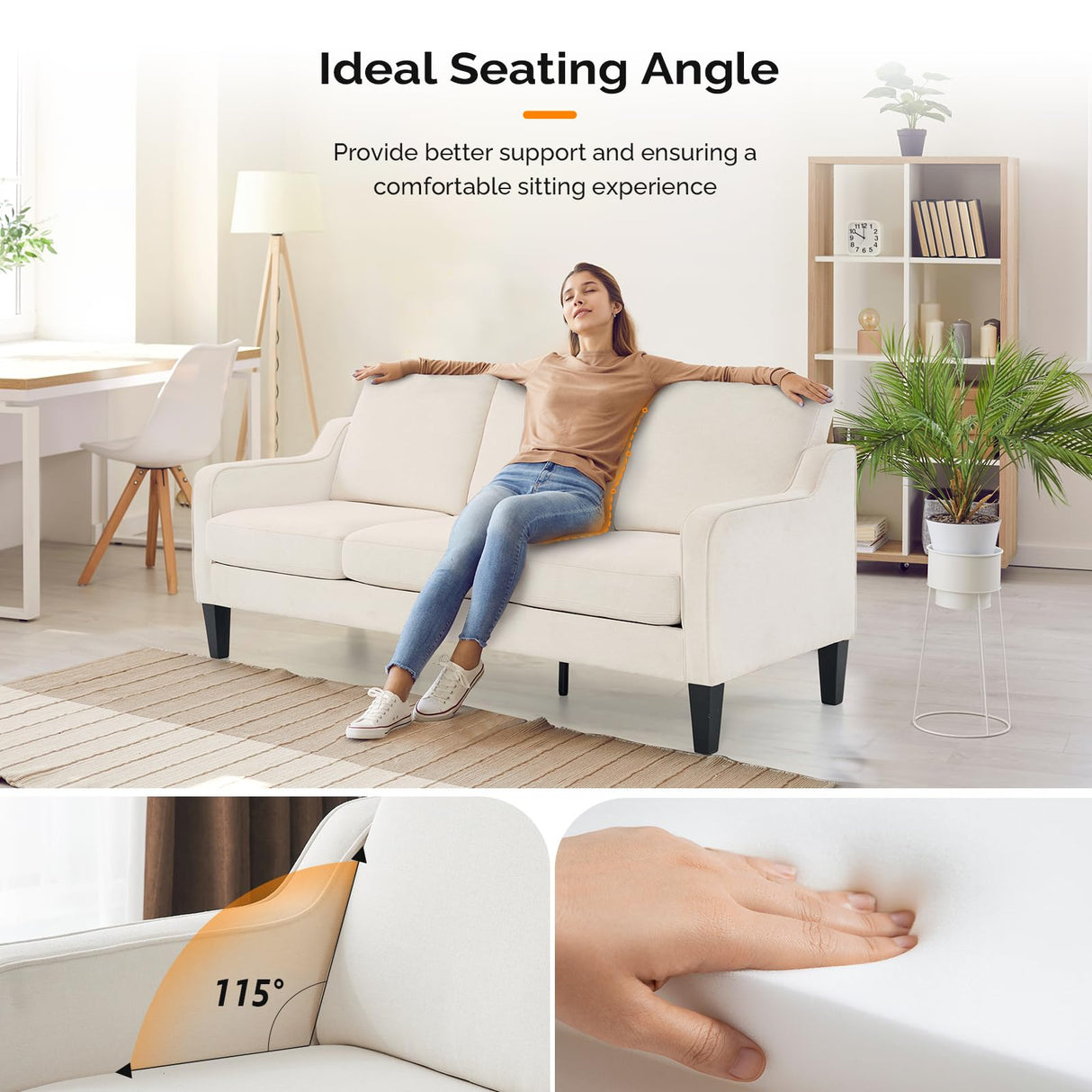 VINGLI Small Couch Sofa 71" Comfy Couches for Living Room Beige 3 Seat Sofa Couch Mid Century Modern Sofa Furniture Couches with Scooped Arms for Small Spaces, Bedroom, Apartment, Studio VINGLI