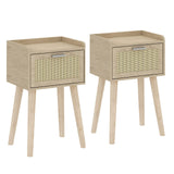 LAATOOREE Nightstand Set of 2, Small Bedside Table, End Table with Rattan Door, Boho Side Table with Solid Wood Legs for Bedroom Living Room Small Space LAATOOREE