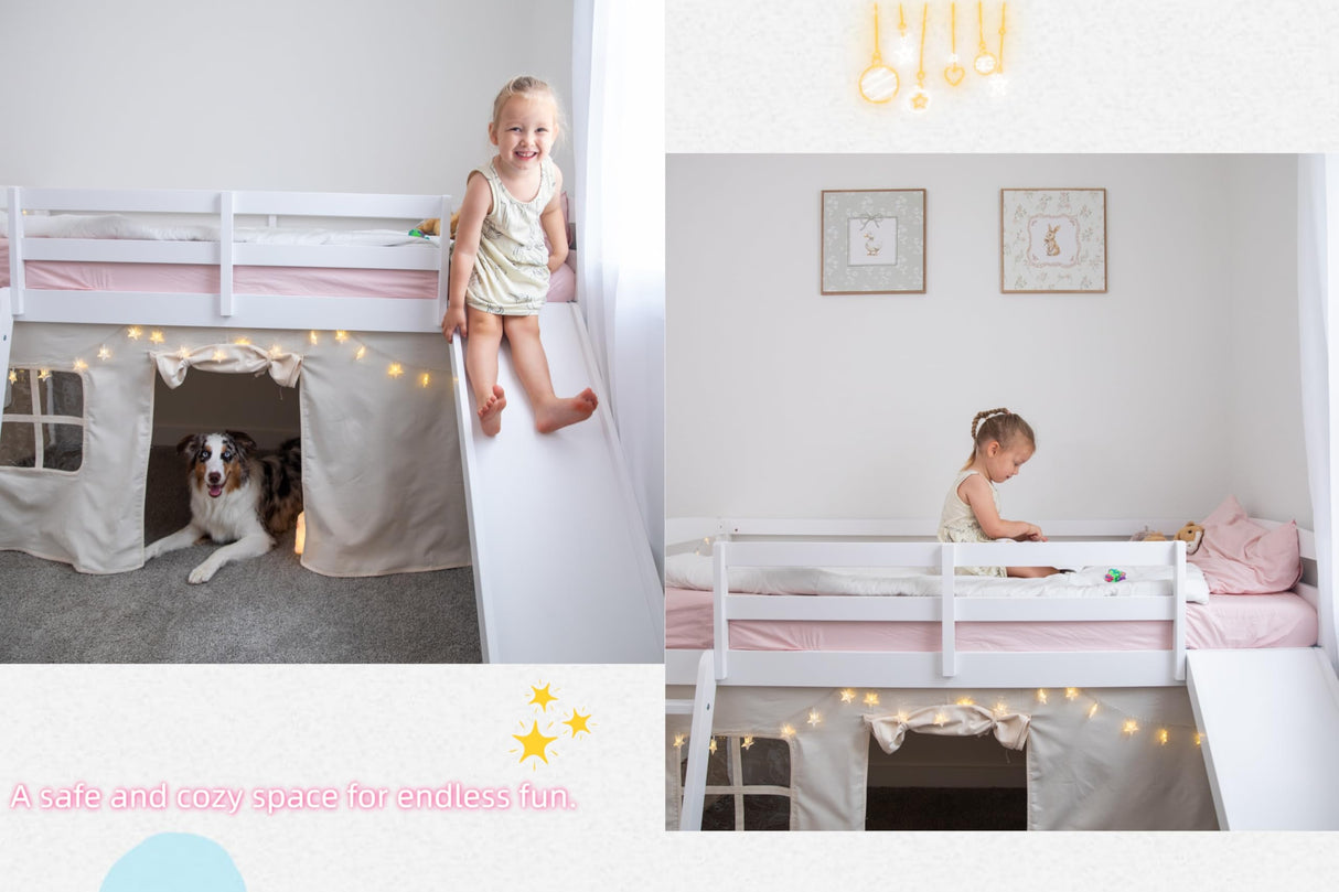 Spirich Kids Loft Bed with Slide and Ladder, Solid Wood Twin Loft Bed Frames with Bed Tent, Low Loft Bed with Guardrails, No Box Spring Needed, White Spirich