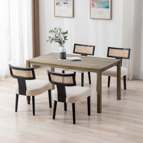 RIVOVA Rattan Back Dining Chairs Mid Century Modern Dining Chairs Set of 4 Rattan Kitchen Chairs Linen Fabric Upholstered Side Chairs, Modern Kitchen Armless Solid Wood Dining Chairs, Beige RIVOVA