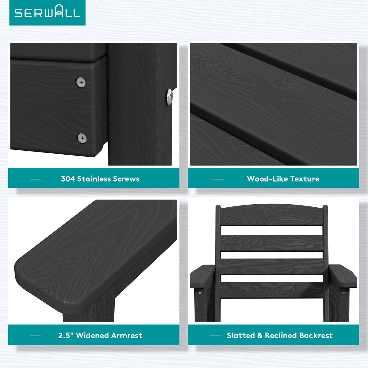 SERWALL Patio Dining Table Sets 5-Piece, Outdoor HDPE Dining Furniture Set with Umbrella Hole Cut-Out Table and 4 Chairs, All Weather Dining Set for Lawn, Garden, Backyard, Poolside, Black SERWALL