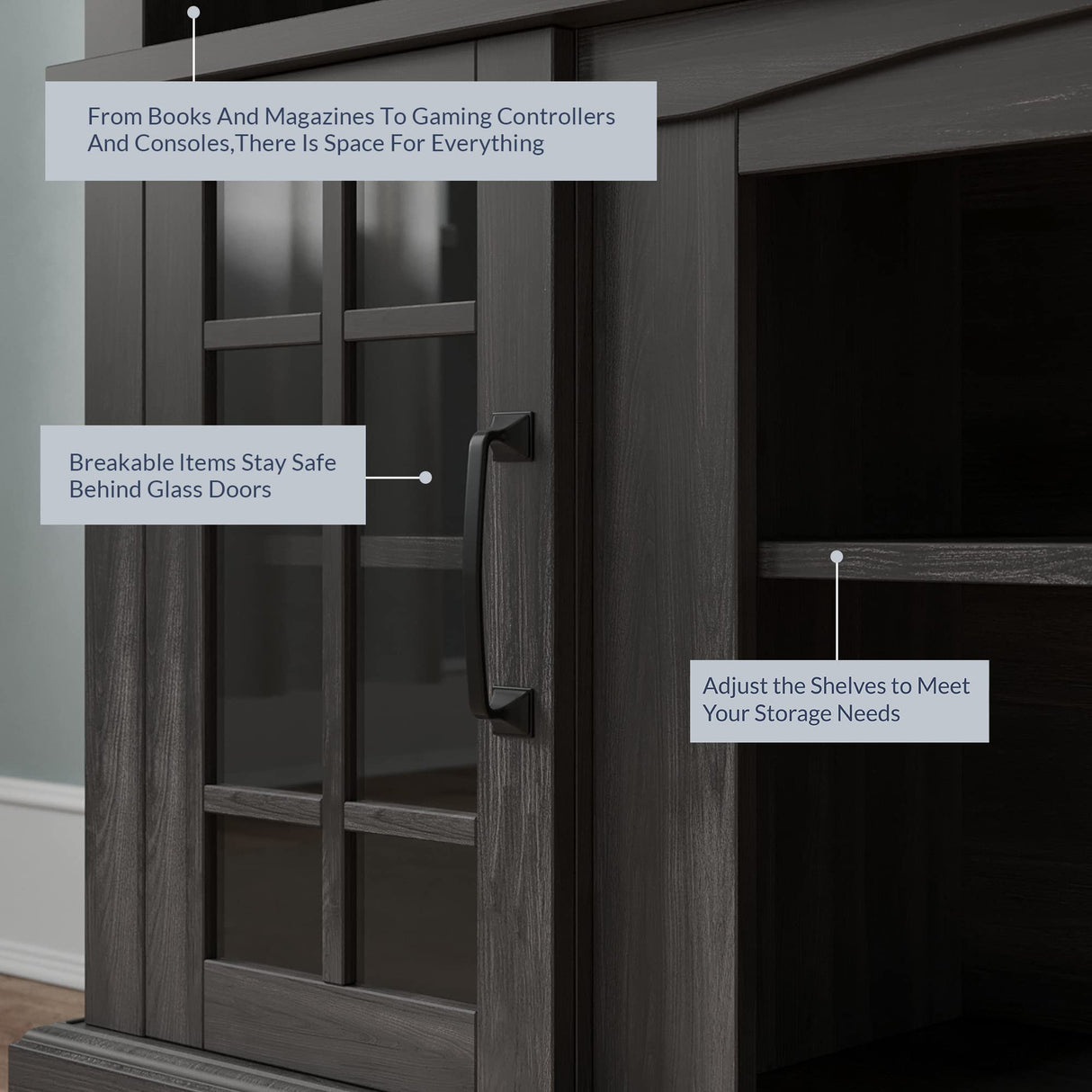 BELLEZE 58 Inch TV Stand, Rustic Wood Entertainment Center for TVs up to 65", Contemporary Media Console Table with Two Open Shelves and Glass Door Cabinets - Astorga (Rustic Grey) BELLEZE