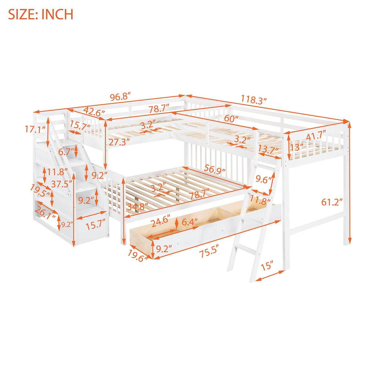 HRJHLucky Twin Over Full L-Shaped Bunk Bed with 3 Drawers,Triple Bunk Bed with 3 Drawers and Storage Stairs,Wood Corner Beds for Kids, Teens, Adults (White) HRJHLucky