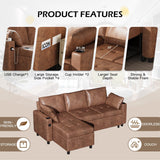 JFHID Leather Sleeper Sofa Couch with Pullout Bed, 83.5'' Sofa Bed Pull Out Couch with Reversible Storage Chaise, Sectional Couches with USB Charging Ports&Cup Holders for Living Room, Brown JFHID