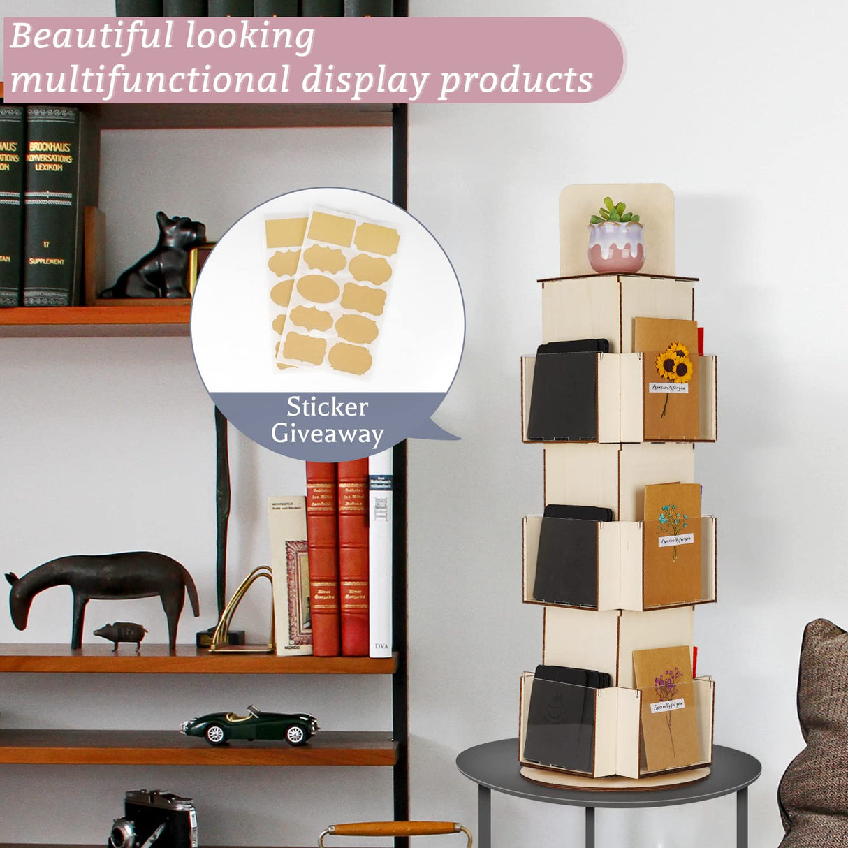 Natheeph Rotating Wooden Display Rack with Two Card Sticker for Greeting Card Vendor Coffee Bag 3 Tier Tabletop Display Stand Natheeph