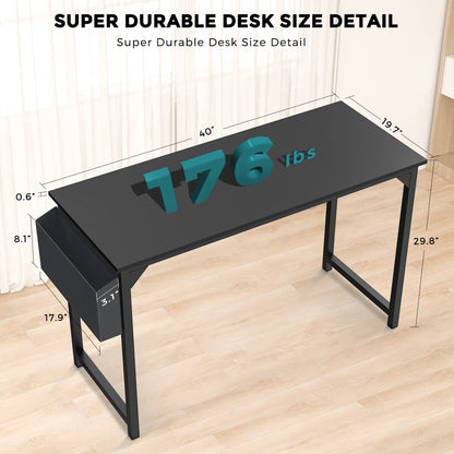 JHK Computer Small Desk Office 40 Inch Writing Work Kids Study Simple Wooden Table for Home Bedroom Modern Style with Headphone Hooks & Storage Bag, Black