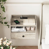Grey Floating Nightstand Set of 2 with Charging Station and Drawer Small Bedside End Table with Outlet Modern Floating Night Stand for Bedroom Wood Wall Mounted Nightstands Set 2 Grey HOSEOKA