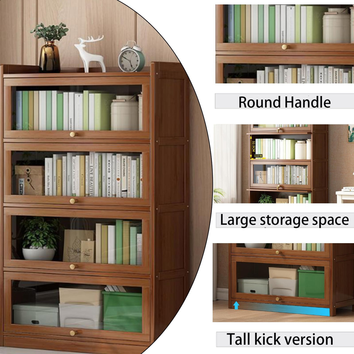 Gakivit 55" Bamboo Bookshelf with Flip-up Acrylic Doors, 4-Tier Bookcase with Clear Doors, Freestanding Cube Storage Organizer with Shelves, Wooden Display Cabinet for Living Room, Study (Brown) Gakivit