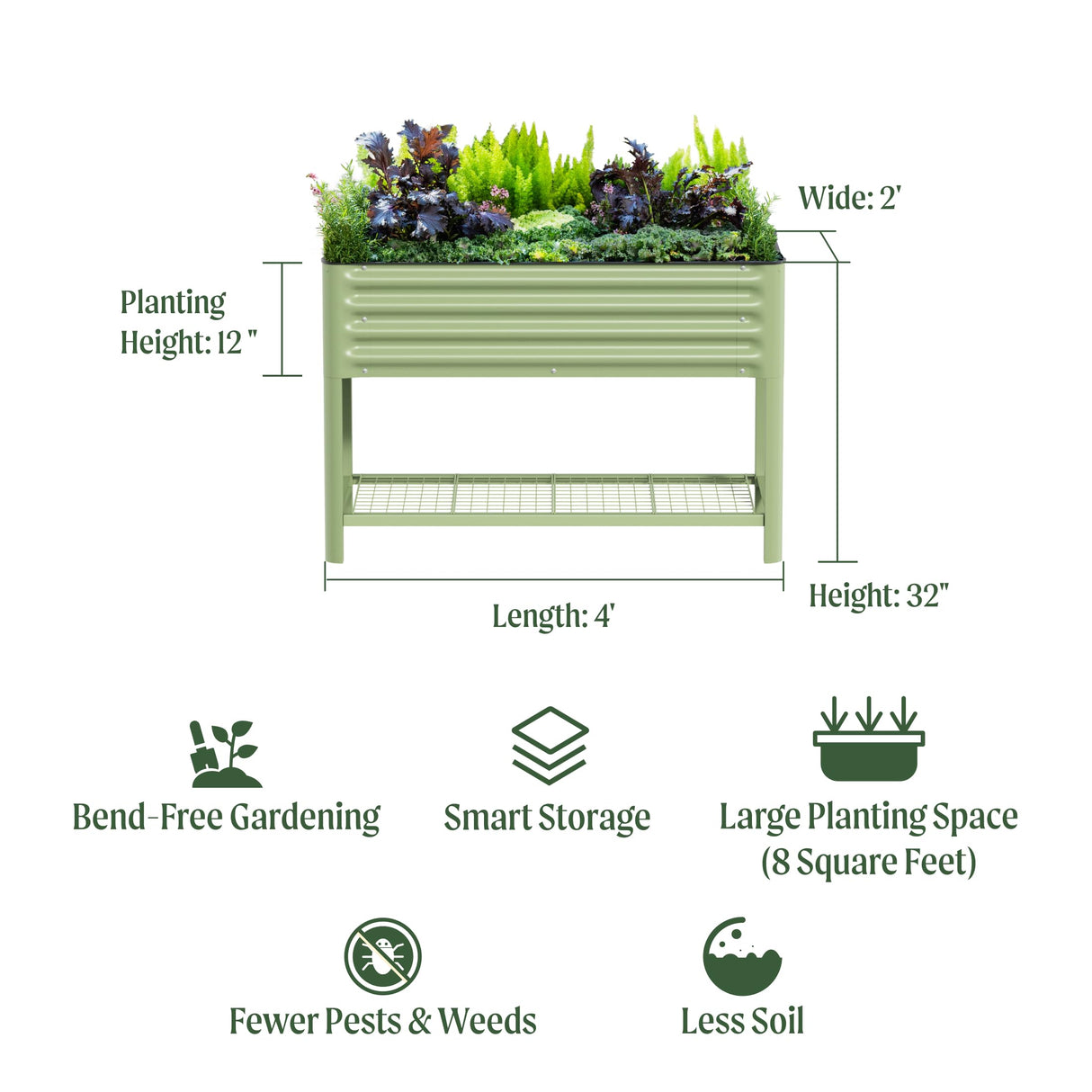 Elevated Raised Garden Bed-V Series, 2' x 4' Garden Beds with Legs & Storage Rack for Patio Porch, 700 Lbs Weight Capacity, Outdoor Planter Boxes for Gardening Herbs Vegetables Flowers, Olive Green Vego garden