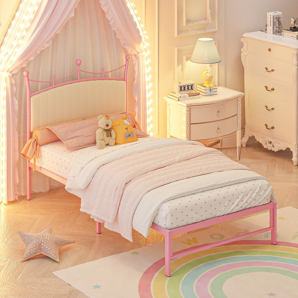 Weehom Twin Upholstered Bed Frame with Headboard, Velvet Bed Frame Metal Platform No Box Spring Needed Easy Assembly Twin Bed for Kids Adults Pink Weehom