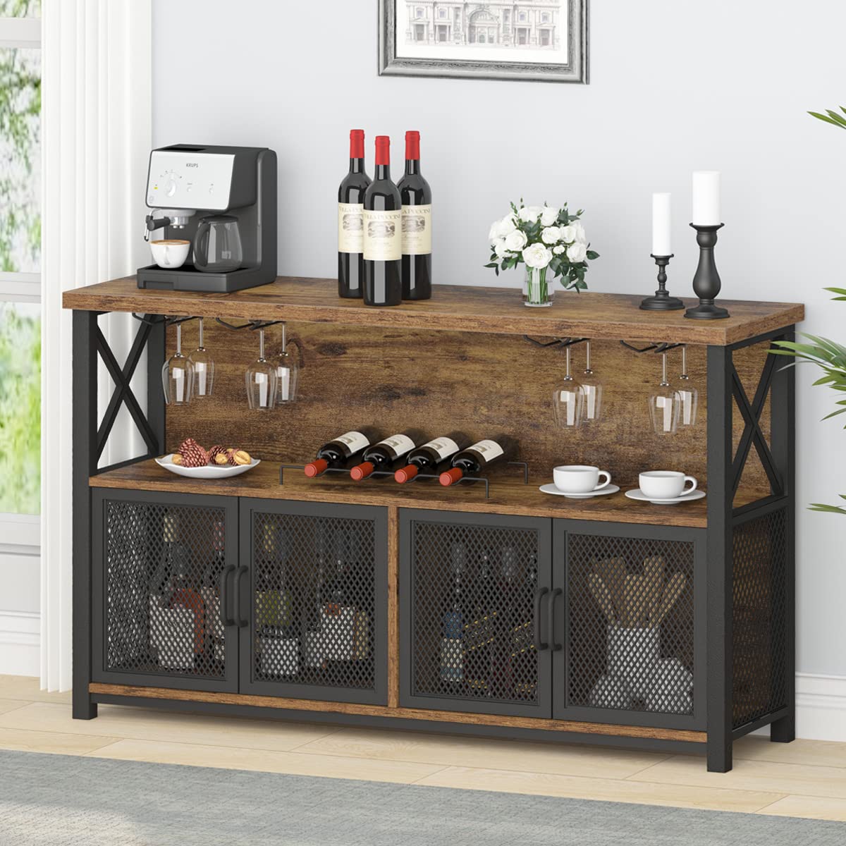 Rustic Brown Industrial Coffee Bar Cabinet with Wine Rack and Ample Storage LVB