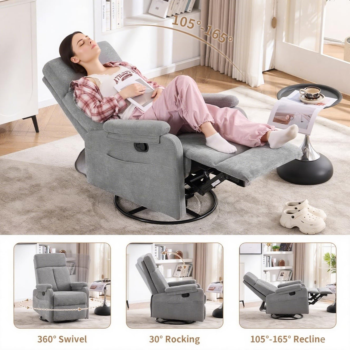 Zuacs Recliner Chairs, Swivel Rocking Chair Nursery, Glider Rocker Recliner Chair for Adults, Small Nursery Recliner for Living Room, Reclining with Modern-Designed Armrests, Upholstered Fabric Grey Zuacs