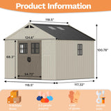 Devoko 10 x 10 FT Plastic Outdoor Storage Shed with Windows, Resin Tools Shed with Floor Large Storage Garden Shed for Patio,Garden, Backyard, Lawn, Beige Devoko
