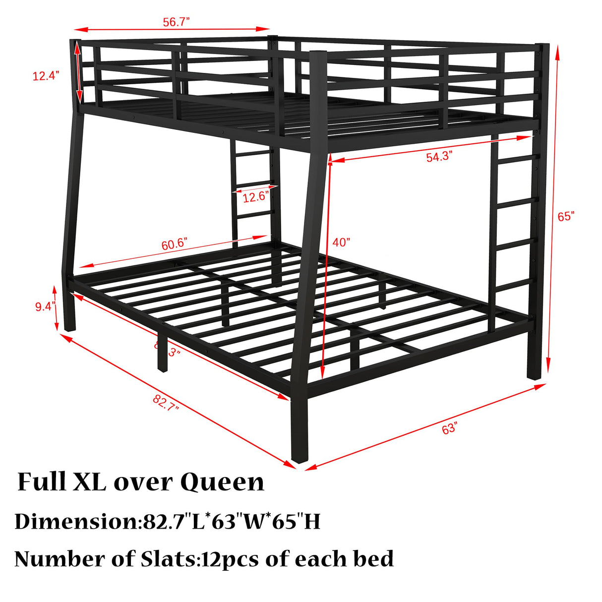 Bellemave Full XL Over Queen Metal Bunk Bed for Adults,Heavy-Duty Bunk Bed with 2 Ladders,Full Over Queen Bunk Beds,Space-Saving Bunk Bed for Kids/Teens/Adults,Noise-Free,Black Bellemave