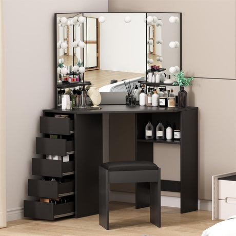 Corner Vanity Desk with Mirror and Lights, Makeup Table Set with Lighted Mirror, 3 Adjustable Lighting Colors, Cushioned Stool, 5 Drawers and Storage Shelves, Bedroom Dressing Table for Women, Black OUTGOODS