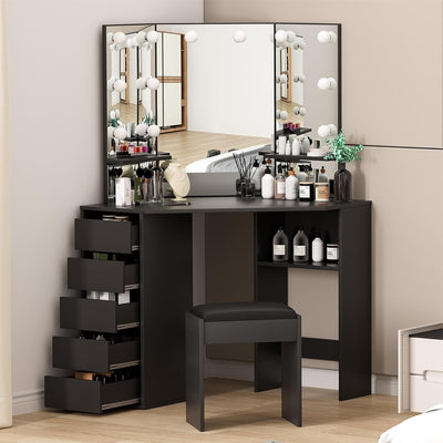 Corner Vanity Desk with Mirror and Lights, Makeup Table Set with Lighted Mirror, 3 Adjustable Lighting Colors, Cushioned Stool, 5 Drawers and Storage Shelves, Bedroom Dressing Table for Women, Black