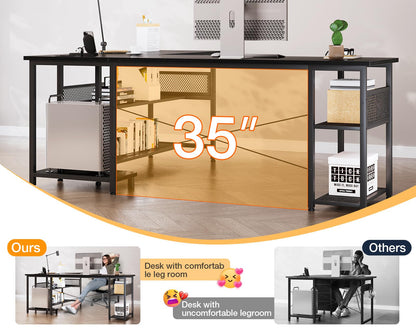 ODK 66" L Shaped Desk with Power Outlet and USB Charging Ports, Reversible L Shaped Computer Desk with Storage Shelves, Home Office Desk, Gaming Desk, Corner Desk, Black