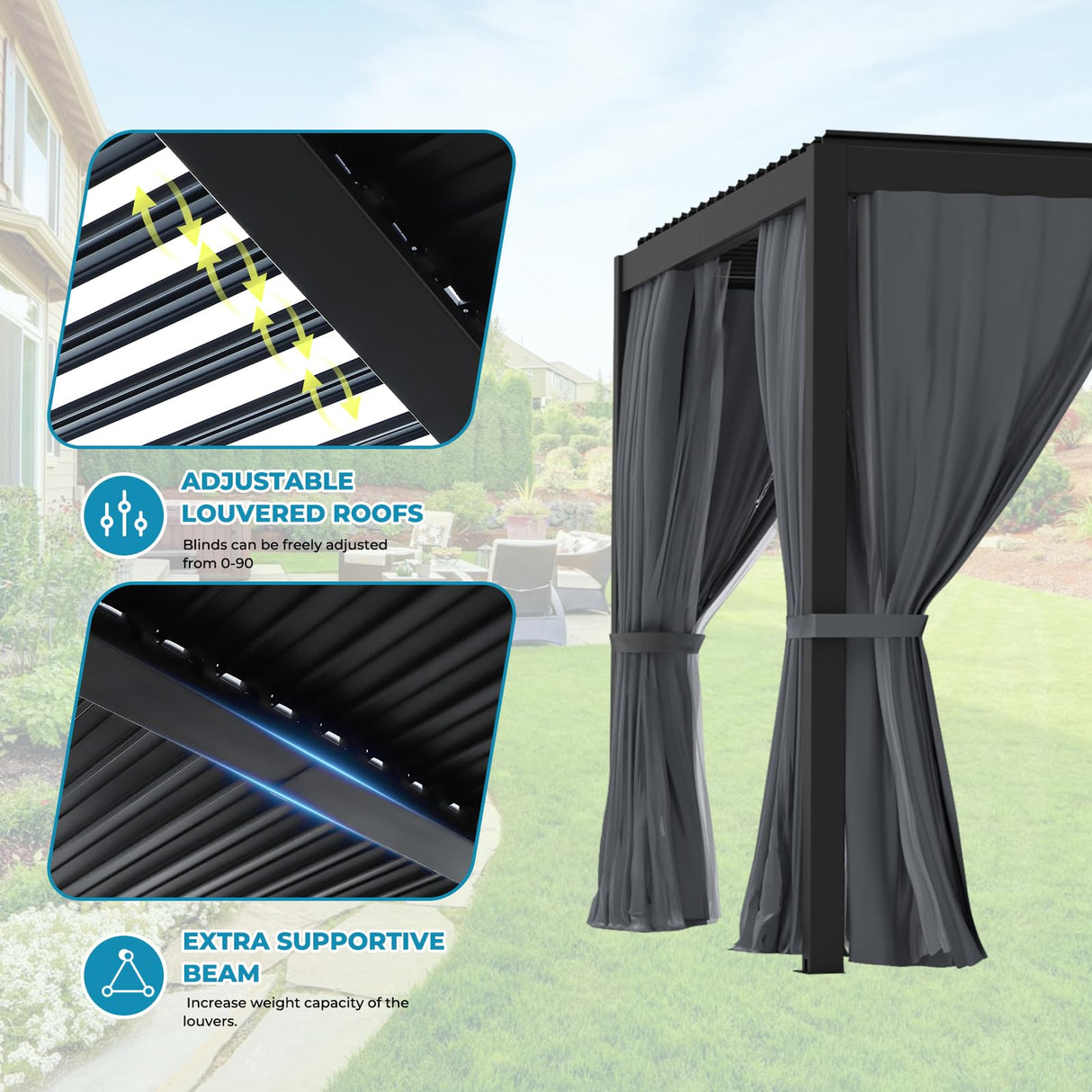 LVUYOYO Outdoor Louvered Pergola 10' x 13', Aluminum Pergola with Adjustable Roof, Waterproof Metal Gazebo with Curtains and Netting for Patio, Backyard, Garden, Deck (Black) LVUYOYO