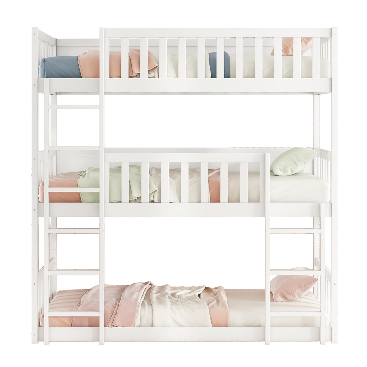 Bellemave Solid Wood Triple Bunk Bed for 3 Kids,Twin Over Twin Over Twin Triple Bunk Bed with Two Built-in Ladders,Detachable,White Bellemave