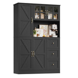 FINETONES Farmhouse Pantry Cabinet, Kitchen Pantry Storage Cabinet with Microwave Stand, Ktichen Hutch Food Pantry Cabinet with Open Countertop and Adjustable Shelf for Kitchen Dining Room, Black FINETONES