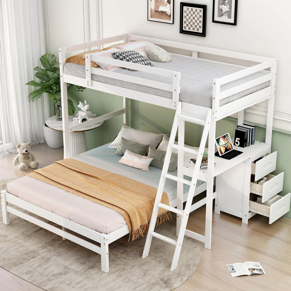Twin Over Full Bunk Bed with Desk and 3 Storage Drawers, Solid Wood Bunk Bed Frame for Kids Teens Adults,White Bellemave