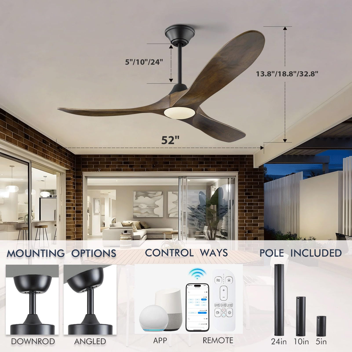 52 Inch Smart Ceiling Fan with Lights, Outdoor Ceiling Fans for Patios Damp Rated, 3 Blades Propeller Walnut Wood Farmhouse Ceiling Fan, Large Airflow DC Ceiling Fan with Remote/APP/Alexa Control XCWIIE