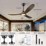 52 Inch Smart Ceiling Fan with Lights, Outdoor Ceiling Fans for Patios Damp Rated, 3 Blades Propeller Walnut Wood Farmhouse Ceiling Fan, Large Airflow DC Ceiling Fan with Remote/APP/Alexa Control XCWIIE