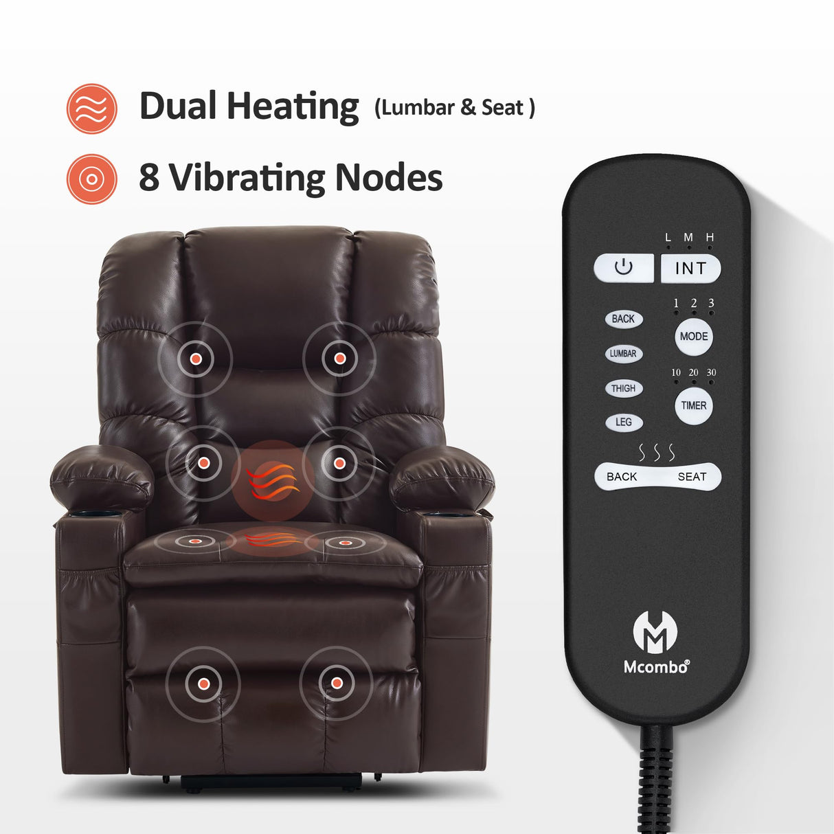 MCombo Dual Motor Power Lift Recliner Chair with Massage and Dual Heating, Adjustable Headrest for Big and Tall Elderly People, Faux Leather 7634 (Dark Brown, Large-Regular) MCombo