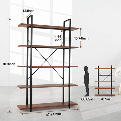 BATHWA 5-Tier Rustic Industrial Bookshelf - 6ft Tall Wooden and Metal Bookcase for Home & Office Storage - WoodArtSupply