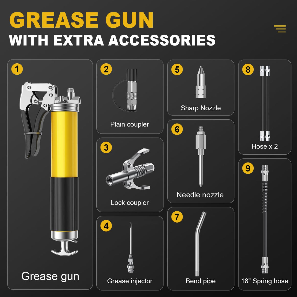 Fantictas Grease Gun Kit, 8000 PSI Leak-Proof Pistol Grip Grease Gun with Lock Coupler, 18" Spring Flex Hose, 14oz Load, 2 Standard Hose, Grease Injector, Needle, Coupler, Rigid Pipe, Sharp Nozzle Fantictas